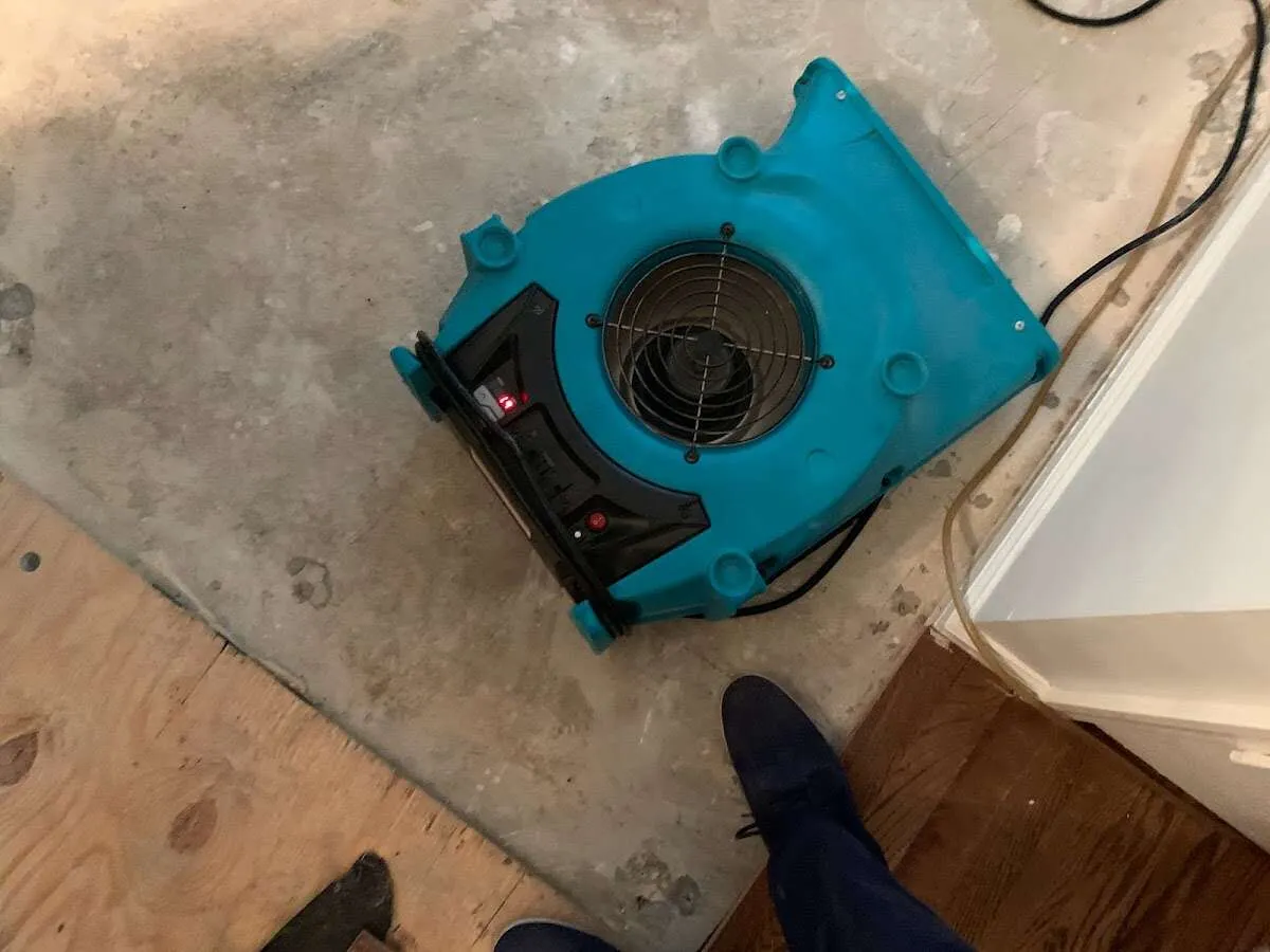 Air mover drying subfloor during Commercial Water Damage Restoration in Los Alamitos